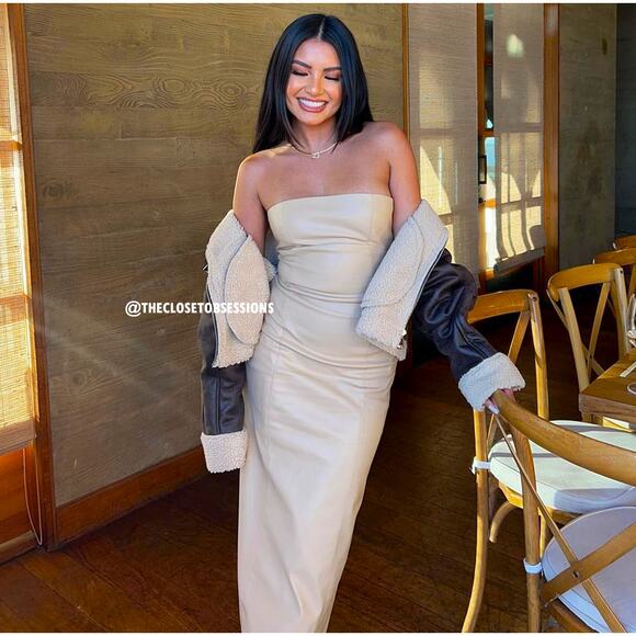 ZARA Blogger Fave Strapless Satin Midi Dress NWT Champagne Beige - Picture 5 of 16